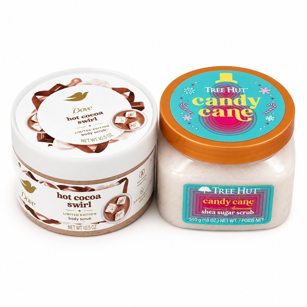 Dove Hot Cocoa Swirl Tree Hut Candy Cane Body Scrub Set 10.5oz 18oz Holiday New